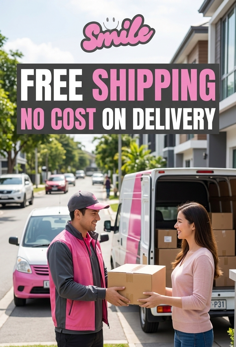 A smiling delivery driver in a pink and gray uniform hands a cardboard box to a woman standing outside a residential house. A white delivery van with pink accents is parked behind them, and large promotional text at the top reads 'Smile FREE SHIPPING NO COST ON DELIVERY'.