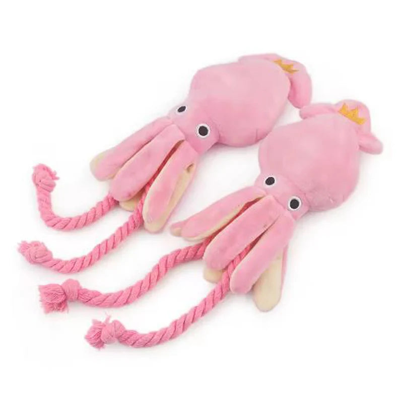 Interactive chew toy for dogs and cats in the shape of a sounding fabric octopus - durable and gentle on